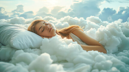 beautiful young woman wearing nightdress lying asleep relaxing sleeping in cozy white clouds on soft pillow resting enjoying good healthy sleep. Natural cotton bed sheets, comfortable mattress concept