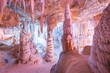 Generative ai on theme of a large beautiful sharp stalactites hanging down from deep mountain cave
