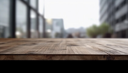 A empty walnut wood table with landscape view