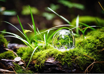 Crystal ball on moss in the forest. Selective focus. Nature.