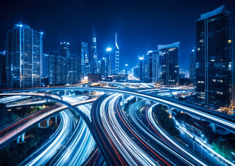 Wall Mural - light trails on the modern building background