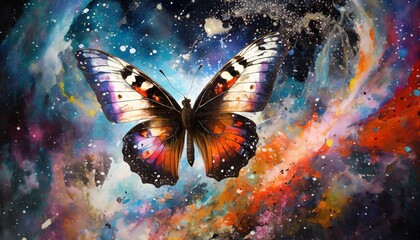 Wall Mural - butterfly on the wall, wallpaper bright tropical butterfly in the vastness of the universe against the backdrop of abstract paint stains