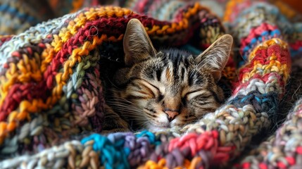 Tabby cat sleeping in a colorful knitted blanket