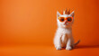 Funny white cat in golden crown and sunglasses on orange background. Kingsday celebration in the Netherlands concept. Banner with space for text