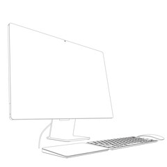 Poster - Monitor PC mockup. Outline thin frame monitor or PC with mouse and keyboard isolated on white background. Contour for web site, presentation, or advertising. Vector monitor, keyboard, computer mouse