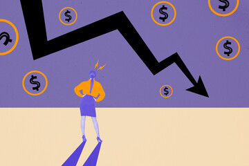 Poster - Creative composite photo collage of dissatisfied strict woman watch as her investments falling down isolated on drawing background