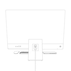 Poster - Monitor PC mockup. Outline thin frame monitor or PC with mouse and keyboard isolated on white background. Contour for web site, presentation, or advertising. Vector monitor, keyboard, computer mouse