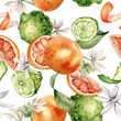 Mixed citrus fruits with white flowers watercolor seamless pattern isolated on white. Hand drawn grapefruit, bergamot with bright orange green peel in botanical sketch style for package, print
