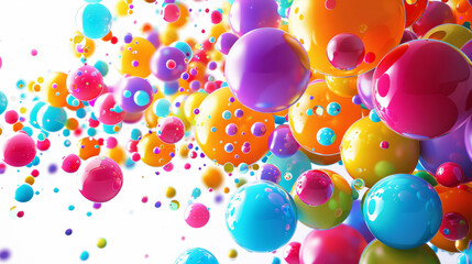Poster - Abstract composition with multicolored flying spheres or balloons. Multicolored bubbles background with copy space. Colorful rainbow matte and glossy balls of different size on white background