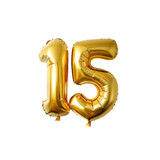 Fototapeta Londyn - Number 15 gold foil balloon isolated on transparent background. Helium balloon font.