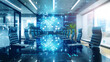 Boardroom meeting with futuristic holographic projections ,Double exposure of abstract virtual creative code skull hologram on modern corporate office background. Malware and cyber

