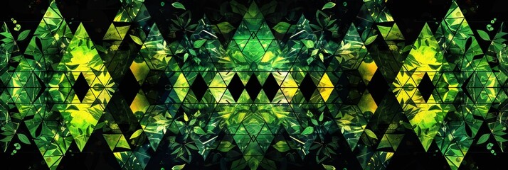 An abstract futuristic wallpaper with green neon leaf ornament, vibrant geometric shapes, and artistic elements.