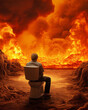 Individual on toilet amidst a fiery landscape, hyper realistic