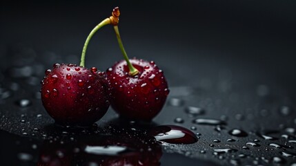 Wall Mural - water drops on red cherries on a black background