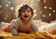 © Hoody Baba - Cute little baby girl playing on the bed at home. Happy childhood