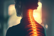 © Elena - Spine on woman's back and neck, indication of back pain. Spine is illuminated with red glow. Improper posture, spinal curvature and osteochondrosis. Generative AI