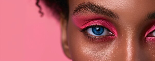 Close-up of vibrant pink eye makeup on a woman