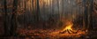 Mystical forest scene with campfire at dusk