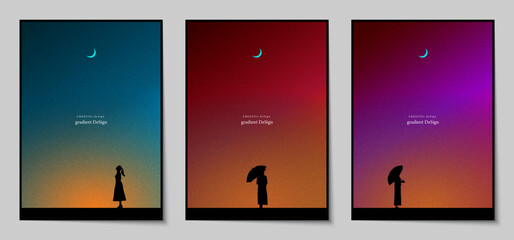 Fototapete - Silhouette of a lonely woman looking at the moon at night minimalist style. Poster graphic design with gradient texture for Cover and brochure. Vector illustration.