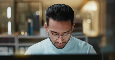 Fototapete - Businessman, night and computer for planning and glasses, reading report and working overtime. Asian male person, happy and research on internet, website and information for deadline on reflection