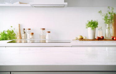 Blur selective focus of white kitchen counter island.contemporary background for food key visual product.cooking and eating concepts