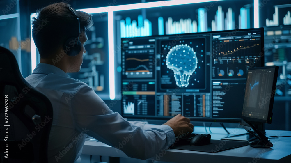 Artificial intelligence AI helps analyze data on computer screens ...