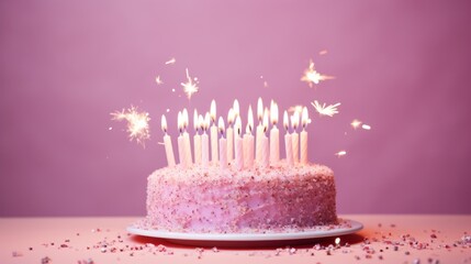 Wall Mural - A pink birthday cake with candles on it