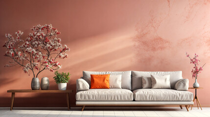 Wall Mural - Modern living room interior design with an empty wall mockup, spring style