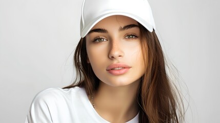 Poster - Stylish woman in white baseball cap poses with a subtle smile in a studio setting. Casual attire, modern look. Perfect for lifestyle content. AI