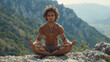 A middle-aged Latin man practicing yoga in the mountains. Meditation in nature. Mental health