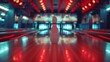 Striking single bowling pin standing out on a bowling lane with vibrant red neon lighting, suggesting an atmospheric game night.