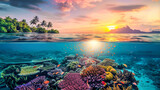 Fototapeta Do akwarium - A coral reef with a vibrant sunset in the background, showcasing the colorful marine life and the sun setting on the horizon