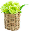 Green artificial roase flower bouquet in small wicker basket, PNG file no background
