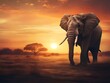 ELEPHANT WALKING IN SUN SET