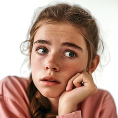 Wall Mural - Portrait of a cute thoughtful girl isolated on white 