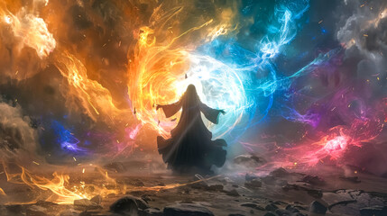 Mystical sorcerer summoning elemental magic