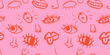 Pink red seamless pattern with eyes, lips, noses, quirky doodle vector illustration