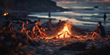 Fototapeta  - A image of a beach bonfire party with people gathered around a crackling fire, roasting marshmallows and enjoying the ocean view