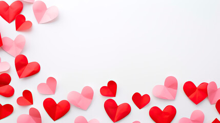 Poster - Paper heart symbols scattered on white surface with red border