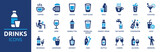 Fototapeta Panele - Drinks icon set. Containing water, coffee, tea, drinking, glass, soda, cocktail, bottle, wine, beverage and more. Solid vector icons collection.