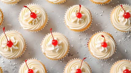 Wall Mural - Delicious Vanilla Cupcakes with Cherry on Top, Perfect for Celebrations. Ideal for Birthday Parties and Sweet Treat Themes. High-Quality Image. AI