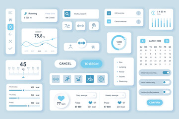 User interface elements set for Fitness mobile app or web. Kit template with HUD, sport activity, weight statistic, pulse tracking, training statistic, result. Pack of UI, UX, GUI. Vector components.