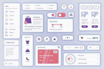 Poster - User interface elements set for Commerce mobile app or web. Kit template with HUD, shop menu, product order, price, purchase payment, marketplace navigation. Pack of UI, UX, GUI. Vector components.