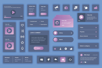 Fototapete - User interface elements set for Video tube mobile app or web. Kit template with HUD, player navigation, playlist, content trends, broadcast, streaming platform. Pack of UI, UX, GUI. Vector components.