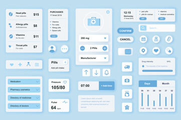 Aufkleber - User interface elements set for Medical mobile app or web. Kit template with HUD, online pharmacy, pills medication, purchase, doctor consultation, statistic. Pack of UI, UX, GUI. Vector components.