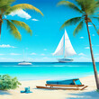 Illustration of a sandy beach with a sun lounger with green palm trees and a view of the azure blue sea with one sailboat on the water.