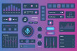 User interface elements set for Music mobile app or web. Kit template with HUD, song playlists, player, equalizer setting, tuner panel, audio broadcasting. Pack of UI, UX, GUI. Vector components.