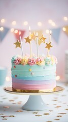 Wall Mural - A colorful cake with a gold stand and a star on top