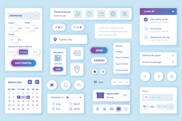 Poster - User interface elements set for Delivery mobile app or web. Kit template with HUD, parcel dimensions, calendar, online package tracking, courier route shipping. Pack of UI, UX, GUI. Vector components.