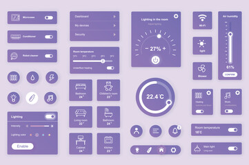 Wall Mural - User interface elements set for Smart home mobile app or web. Kit template with HUD, automation system, remote monitoring, room thermostat control, security. Pack of UI, UX, GUI. Vector components.